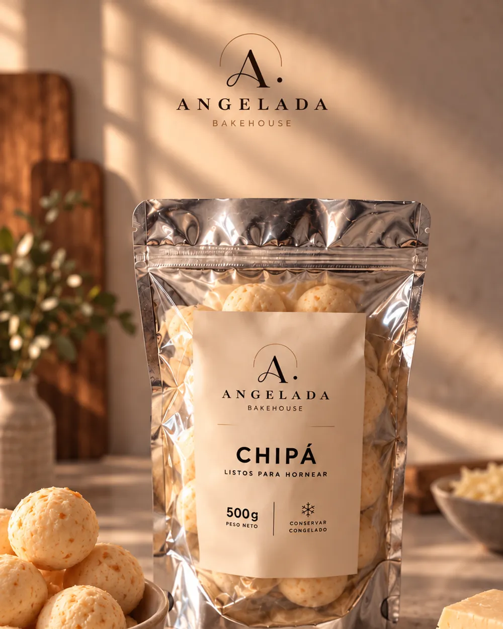 Bolsa de Chipá de Angelada junto a un cuenco de chipá