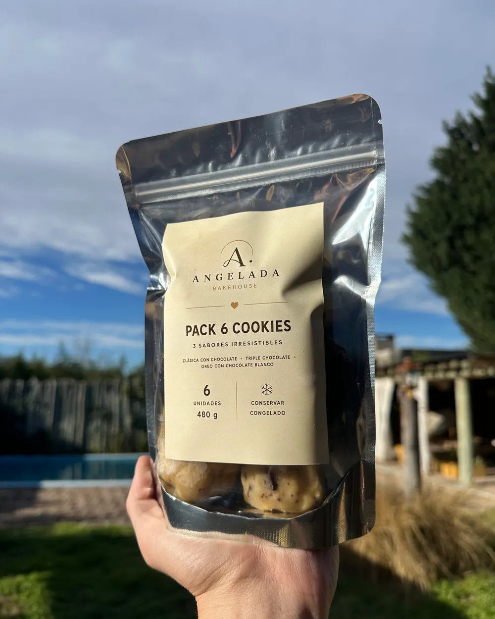 Una mano sostiene la bolsa del Pack 6 Cookies